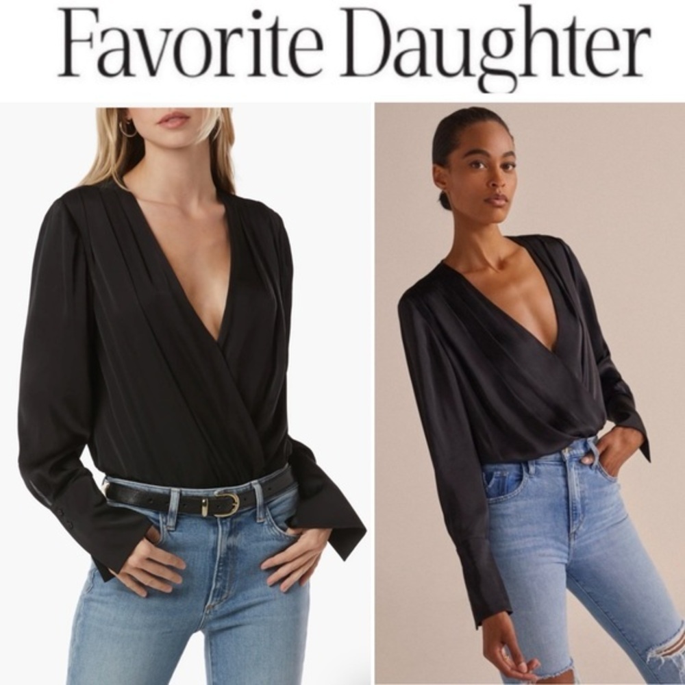 Favorite Daughter Surplice Long Sleeve Satin Bodysuit in Black sz L NWT 198$